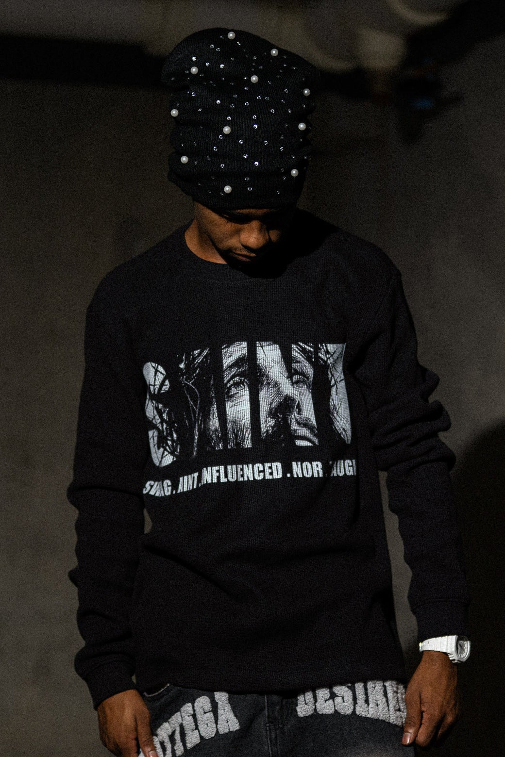 BLACK CHANDELIER & PEARLS BEANIE V1