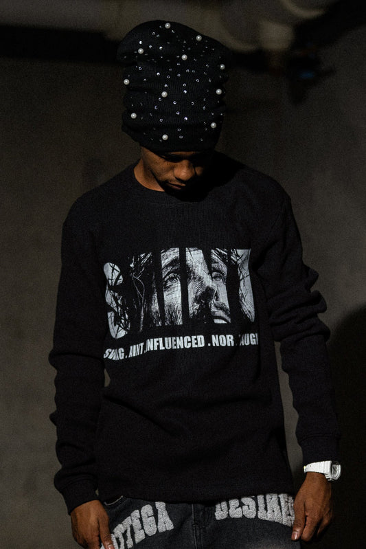 BLACK CHANDELIER & PEARLS BEANIE V1